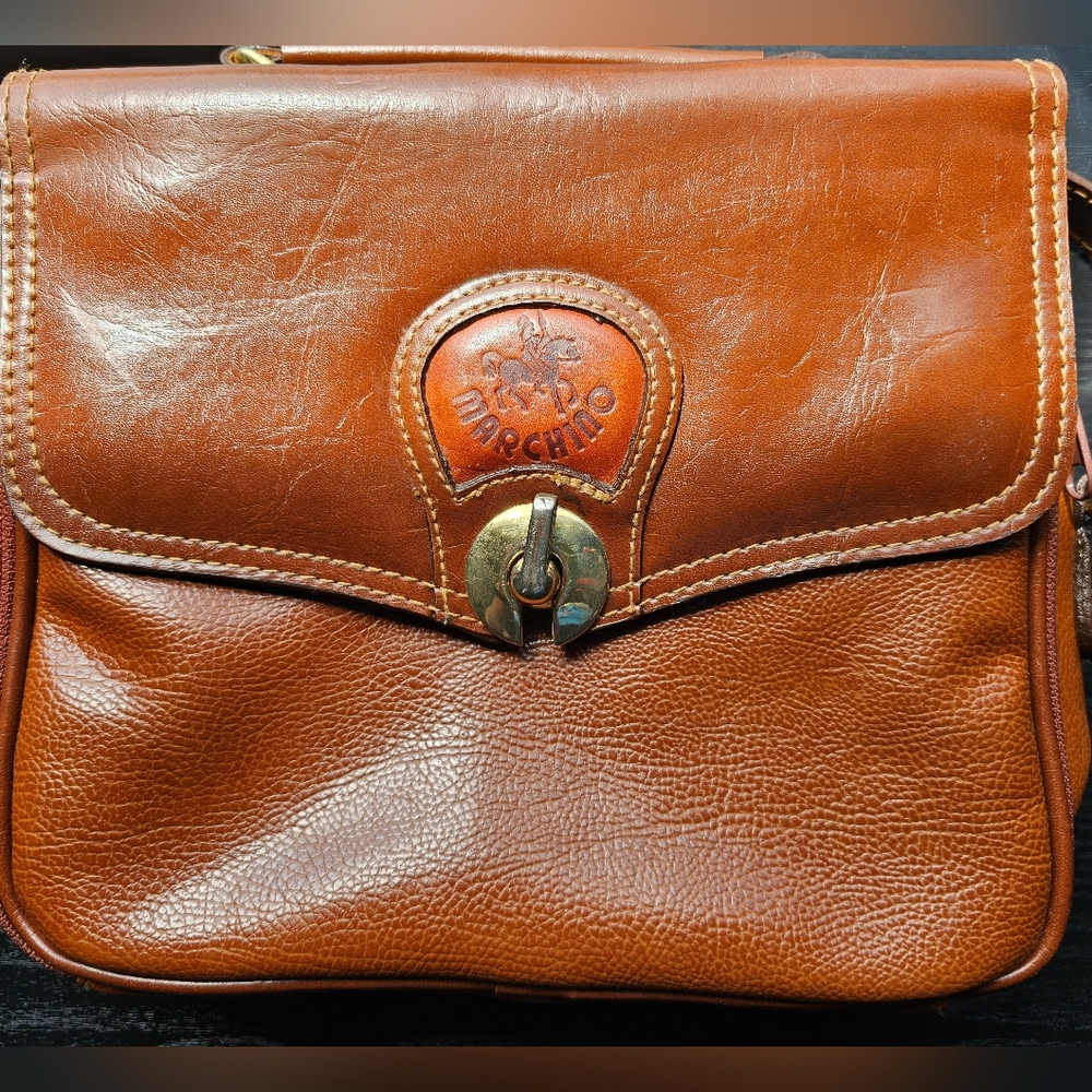Marchino Vintage Tan Leather Crossbody Purse OS
